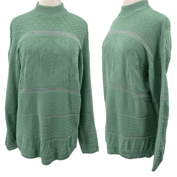 Vintage 90s Fair Isle Knit Sweater Pullover Turtleneck Mint Green Womens Medium - Picture 1 of 9